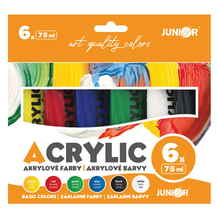 Główne zdjęcie produktu Akrylové barvy JUNIOR 75 ml - 6 ks sada Basic