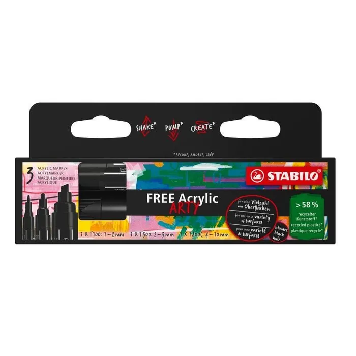 Główne zdjęcie produktu Akrylový popisovač STABILO FREE Acrylic černá 3 ks sada - 3 hroty