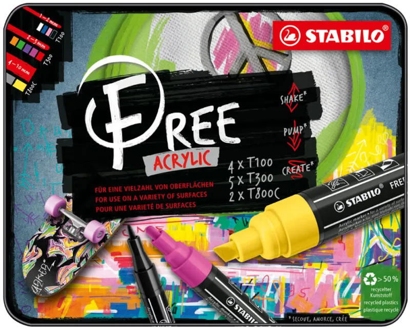 Główne zdjęcie produktu Akrylový popisovač STABILO FREE Acrylic Startovací 11 ks sada - mix barev se 3 hroty