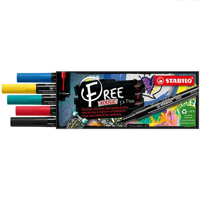 Główne zdjęcie produktu Akrylový popisovač STABILO FREE Acrylic T100 Klínový hrot 1-3 mm - Royal set - sada 5 ks