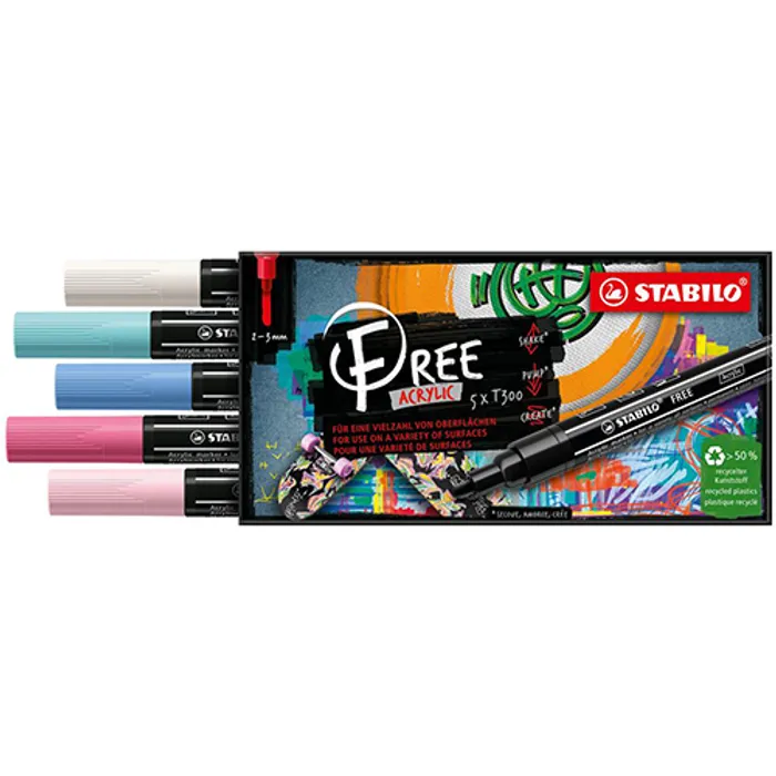 Główne zdjęcie produktu Akrylový popisovač STABILO FREE Acrylic T300 Kulatý hrot 2-3 mm - Candy, sada 5 ks