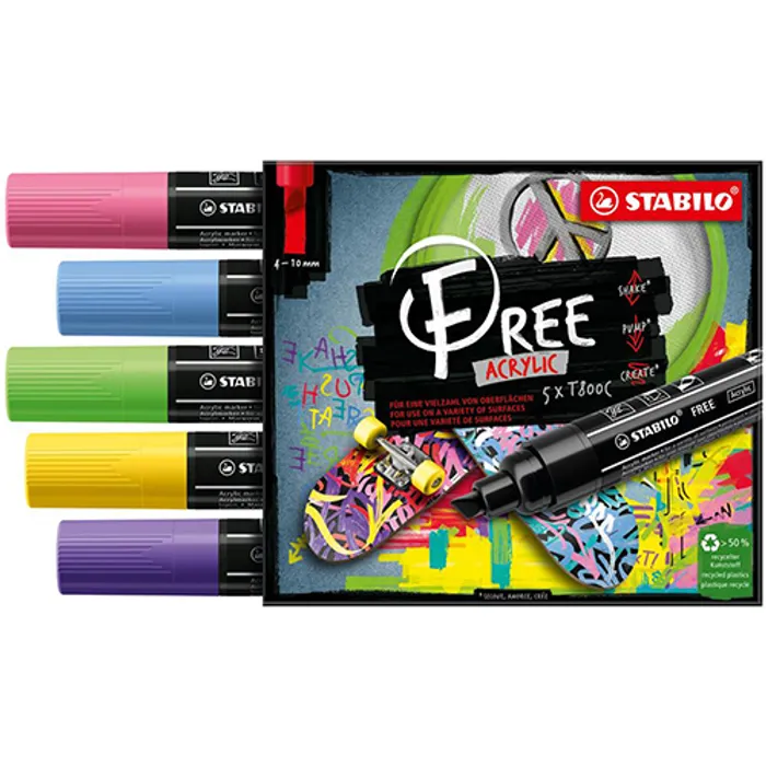 Główne zdjęcie produktu Akrylový popisovač STABILO FREE Acrylic T800C Klínový hrot 4-10 mm - Seaside, sada 5 ks