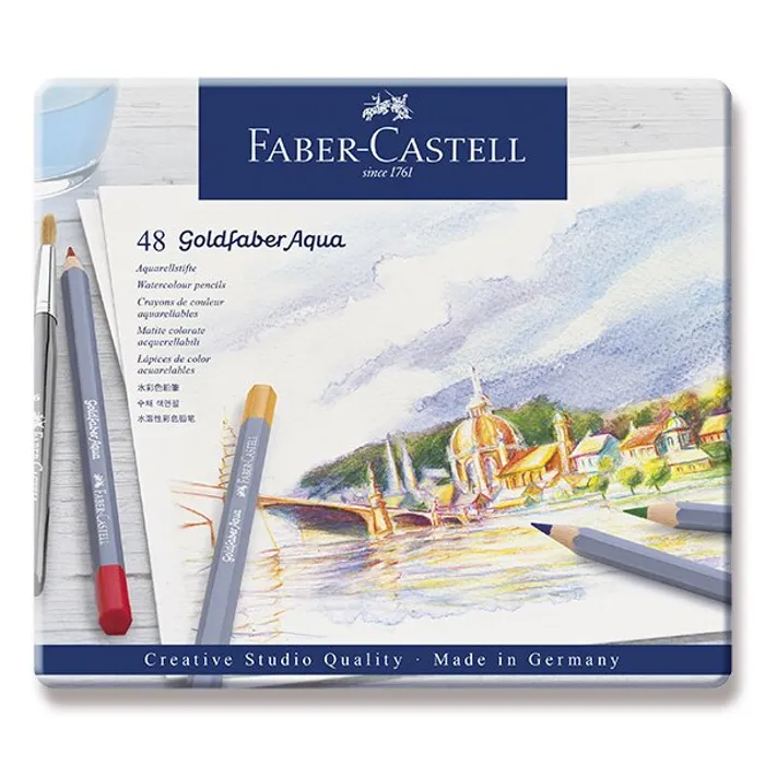 Główne zdjęcie produktu Akvarelové pastelky Faber-Castell 114648 Goldfaber Aqua plechová krabička, 48 barev