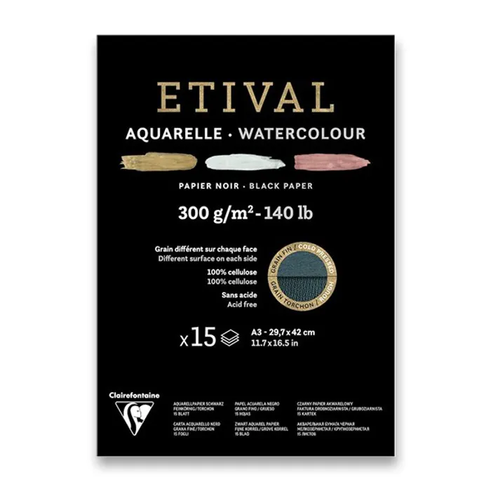 Główne zdjęcie produktu Akvarelový blok Clairefontaine Etival Black Cold Pressed/Rough A3, 15 listů, 300 g