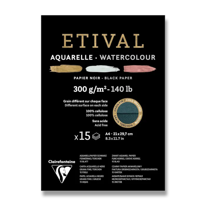 Główne zdjęcie produktu Akvarelový blok Clairefontaine Etival Black Cold Pressed/Rough A4, 15 listů, 300 g