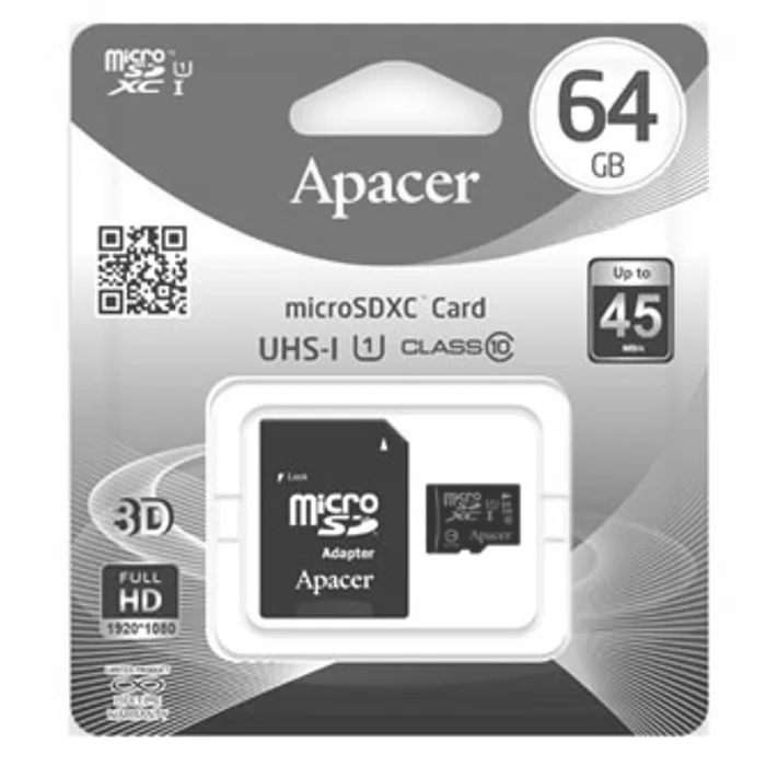 Główne zdjęcie produktu Apacer paměťová karta Secure Digital, 64GB, micro SDXC, AP64GMCSX10U1-R, UHS-I U1 (Class