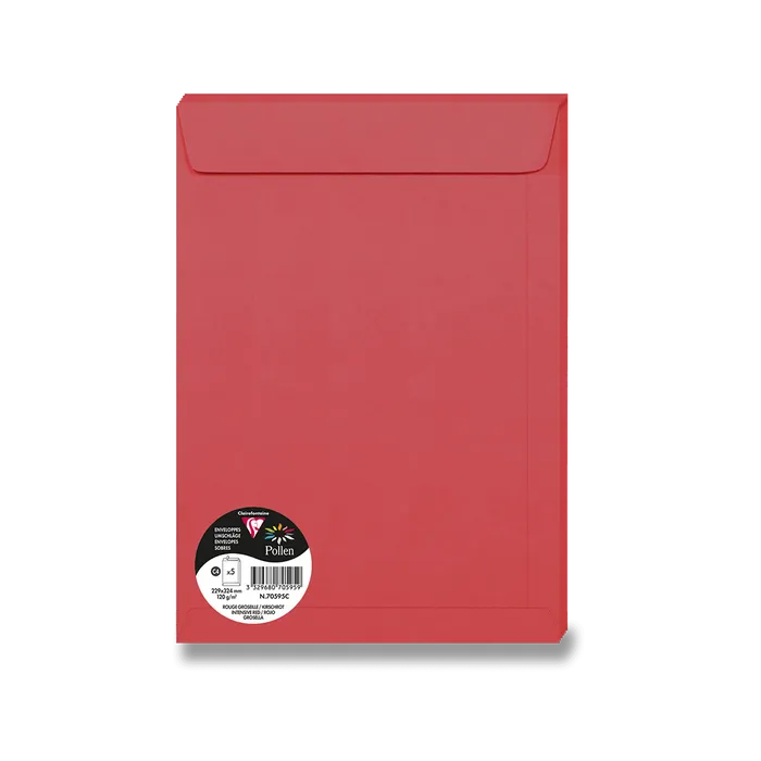 Główne zdjęcie produktu Barevná obálka Clairefontaine, C4 229 x 324 mm, červená, 5 ks