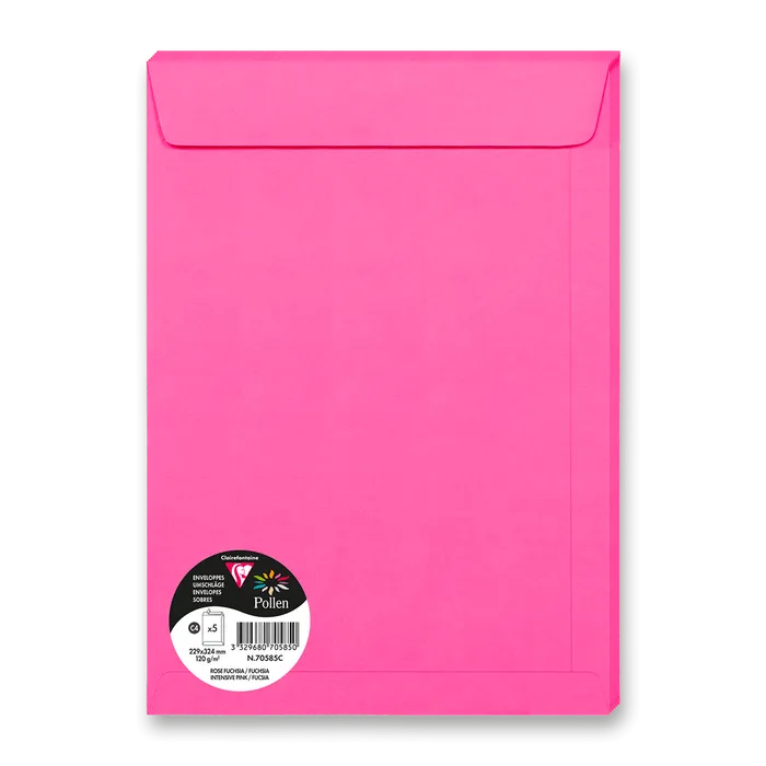 Główne zdjęcie produktu Barevná obálka Clairefontaine, C4 229 x 324 mm, růžová, 5 ks