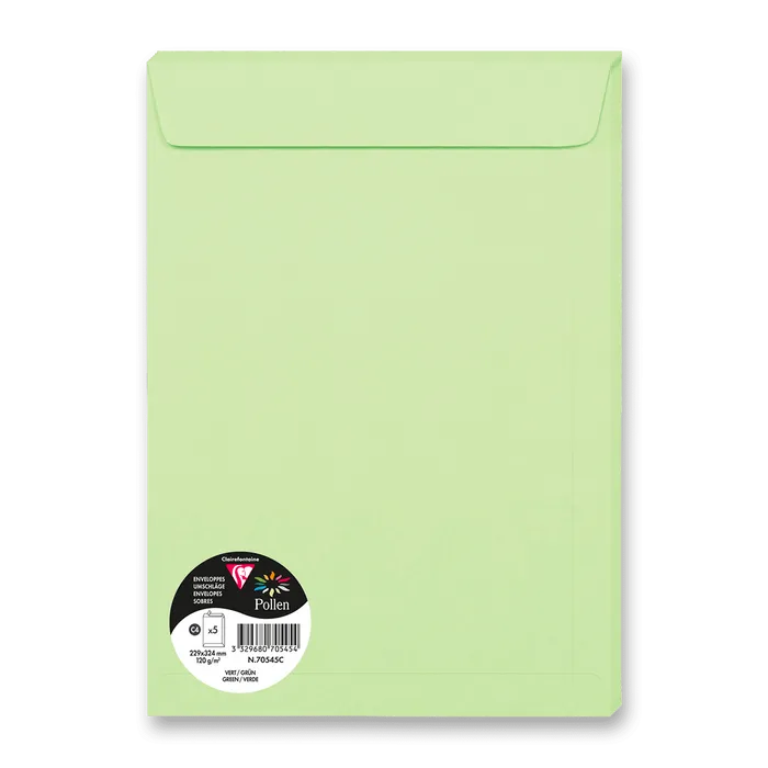 Główne zdjęcie produktu Barevná obálka Clairefontaine, C4 229 x 324 mm, světle zelená, 5 ks