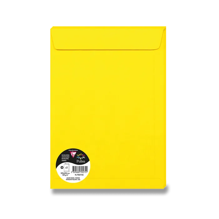 Główne zdjęcie produktu Barevná obálka Clairefontaine, C4 229 x 324 mm, žlutá, 5 ks