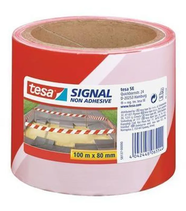 Główne zdjęcie produktu Bariérová výstražná páska, červená-bílá, 80 mm x 100 m, TESA