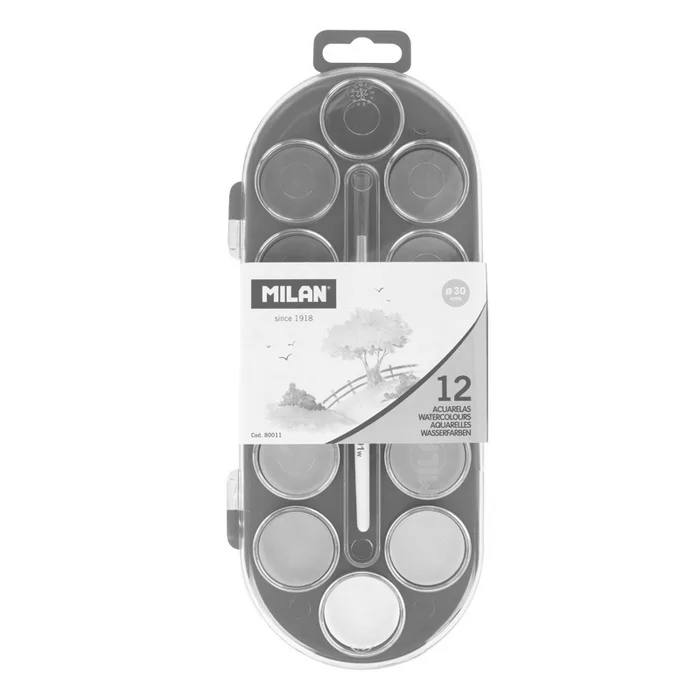 Główne zdjęcie produktu Barvy vodové MILAN - 12 barev, 30 mm + štětec