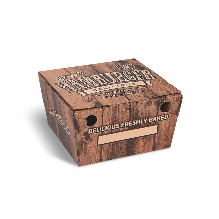 Główne zdjęcie produktu Burger box (mikrovlnitá lepenka) s potiskem 150 x 150 x 95 mm [100 ks]