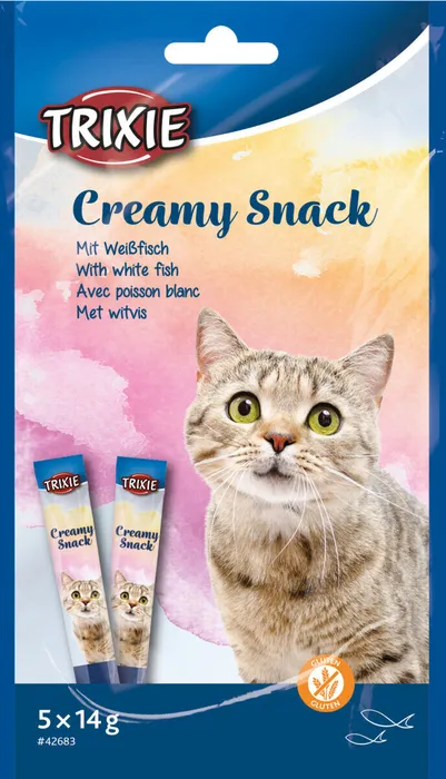 Główne zdjęcie produktu Creamy, krémová pochoutka pro kočky, tuňák a bílá ryba, 5 x 14 g