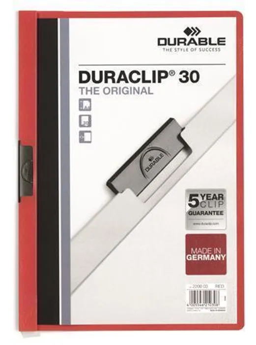 Główne zdjęcie produktu Desky s rychlovazačem "DURACLIP® 30", červená, s klipem, A4, DURABLE