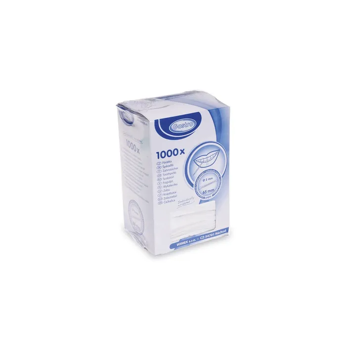 Główne zdjęcie produktu Dřevěná párátka hyg. balená v papíru 65 mm [1000 ks]