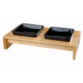Drewniany drążek, 2x ceramiczna miska kwadratowa, czarna 2 × 0,2 L/10 × 10 cm/ 28 × 5 × 15 cm