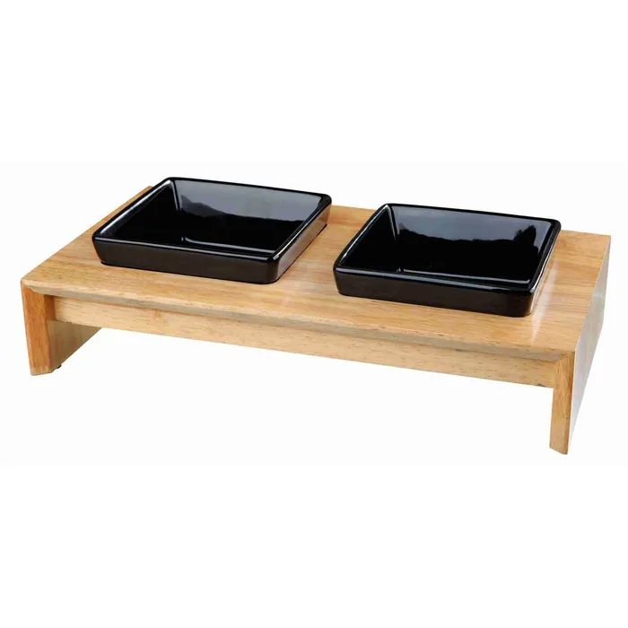 Główne zdjęcie produktu Dřevěný bar, 2x keramická čtyřhranná miska, černá 2 × 0,4 l/13 × 13 cm/ 36 × 7 × 19 cm