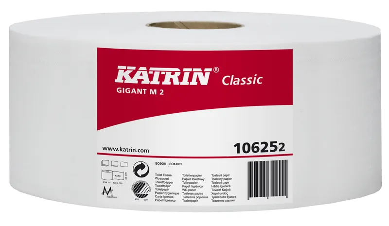Główne zdjęcie produktu Toaletní papír JUMBO Katrin Classic Gigant M 2-vrstvý 22 cm, 180 m bílý [1 ks]