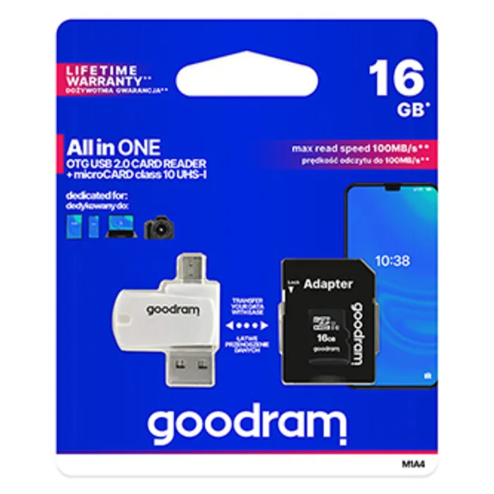 Główne zdjęcie produktu Goodram All-In-ONe, 16GB, multipack, M1A4-0160R12, UHS-I U1 (Class 10), se čtečkou a adap