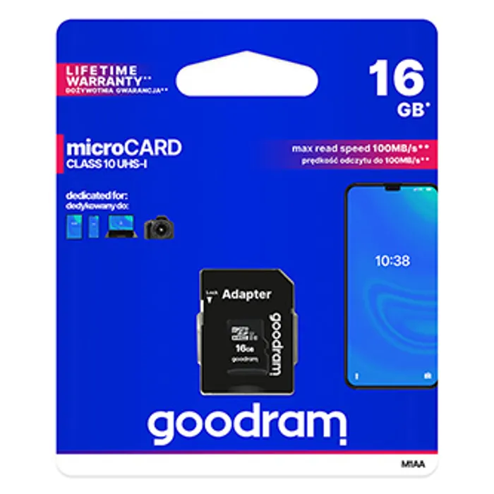 Główne zdjęcie produktu Goodram Micro Secure Digital Card, 16GB, micro SDHC, M1AA-0160R12, UHS-I U1 (Class 10), s