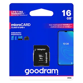 Goodram Karta pamięci Micro Secure Digital Card, 16GB, micro SDHC, M1AA-0160R12, UHS-I U1 (Class 10), z adapterm