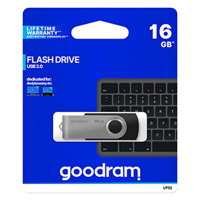 Główne zdjęcie produktu Goodram USB flash disk, USB 2.0, 16GB, UTS2, černý, UTS2-0160K0R11, USB A, s otočnou kryt