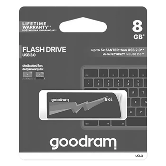Główne zdjęcie produktu Goodram USB flash disk, USB 3.0 (3.2 Gen 1), 8GB, UCL3, černý, UCL3-0080K0R11, USB A, s v