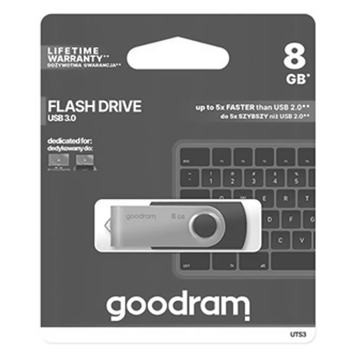 Główne zdjęcie produktu Goodram USB flash disk, USB 3.0 (3.2 Gen 1), 8GB, UTS3, černý, UTS3-0080K0R11, USB A, s o