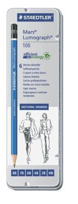 Główne zdjęcie produktu Grafitové tužky "Mars Lumograph", sada, 6 různých tvrdostí, šestihranné, v plechové krabič