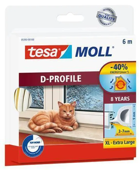 Główne zdjęcie produktu Gumové těsnění "tesamoll® D profil 5393", bílá, 9 mm x 6 m, TESA