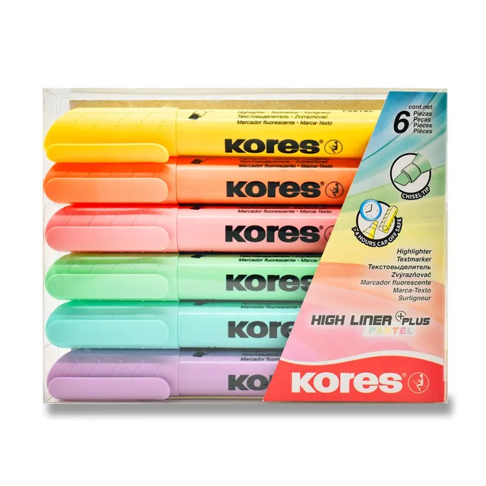 Główne zdjęcie produktu Zvýrazňovače Kores High Liner Plus Pastel 0,5–5 mm, mix 6 barev