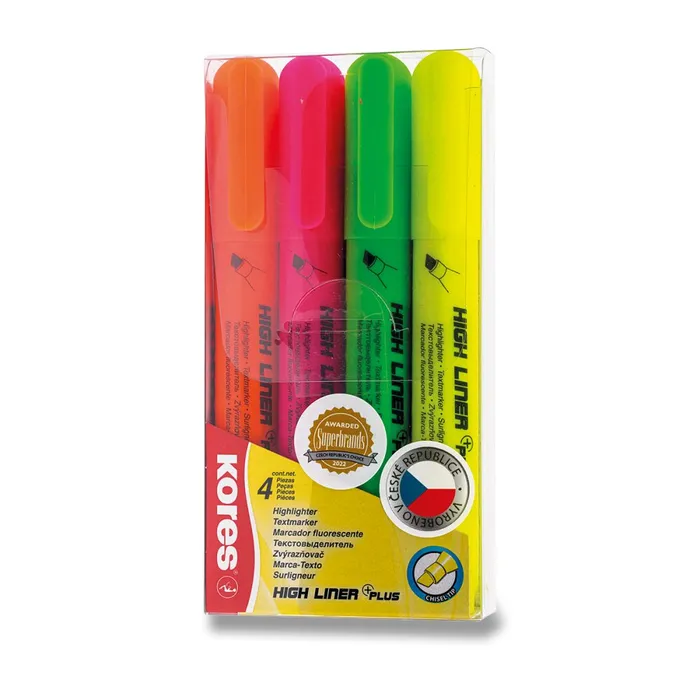 Główne zdjęcie produktu Zvýrazňovače Kores High Liner Plus 0,5–5 mm, mix 4 barev