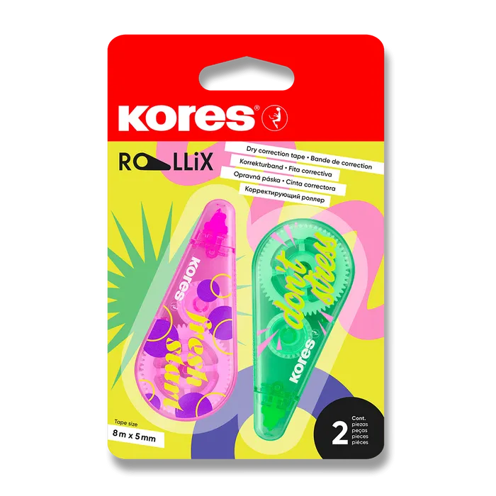 Główne zdjęcie produktu Korekční strojek Kores ROLLiX, 8 m x 5 mm, mix barev [2 ks]