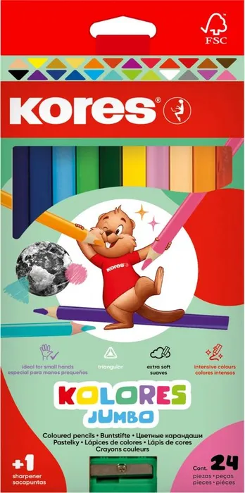 Główne zdjęcie produktu Pastelky Kores Kolores Jumbo trojhranné 5 mm 24 barev + ořezávátko