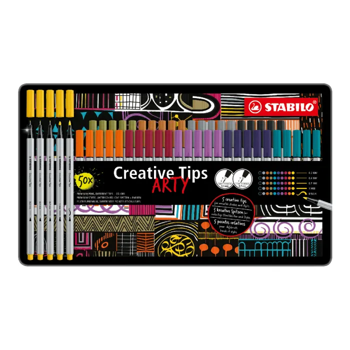 Główne zdjęcie produktu Linery "Creative Tips ARTY", sada, 10 barev, 5 šířek stopy, plechová krabička, STABILO 89/50-6-20