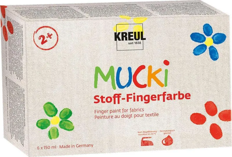 Główne zdjęcie produktu Sada prstových barev na textil "MUCKI" 6 barev 150 ml, Hobby Line, KREUL