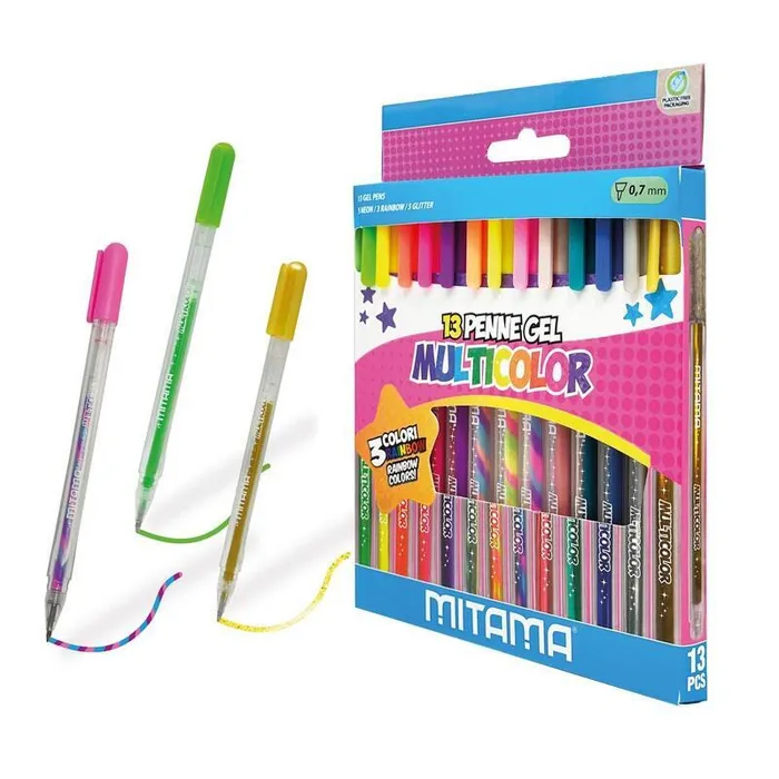 Główne zdjęcie produktu Sada gelových per "Glitter-Fluo-Rainbow", 13ks, 1 mm, MITAMA 63818