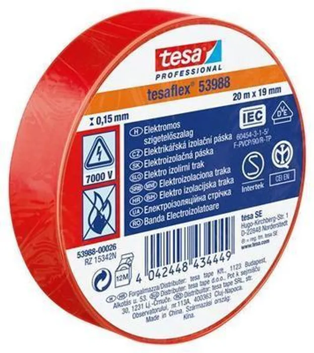 Główne zdjęcie produktu Izolační páska "Professional", červená, 19 mm x 20 m, TESA