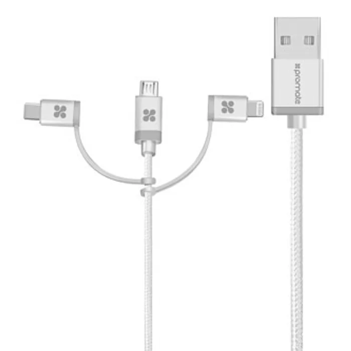 Główne zdjęcie produktu Kabel USB (2.0), USB A M- Lightning M + USB C M + MicroUSB M, 1.2m, kulatý, stříbrný, Pro