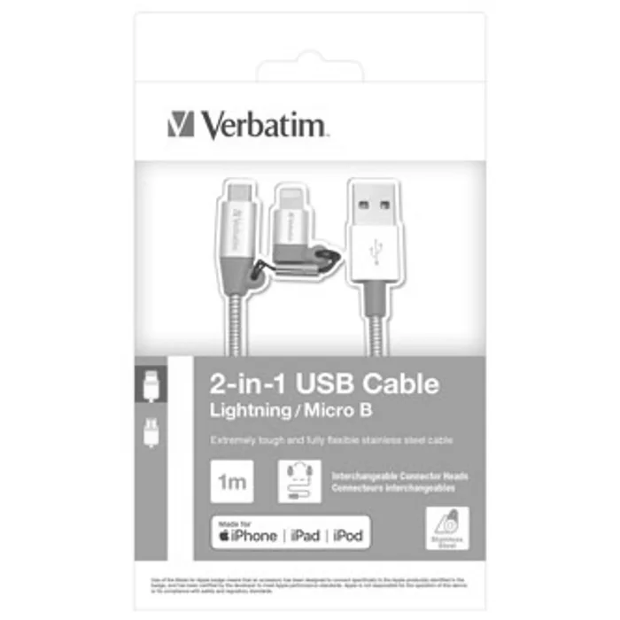 Główne zdjęcie produktu Kabel USB (2.0), USB A M- USB micro M, 1m, 2 stříbrný, Verbatim, box, 48869, nastavitelná