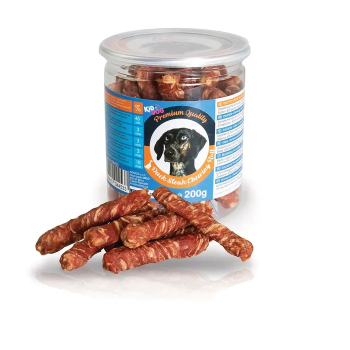 Główne zdjęcie produktu KIDDOG kachní steak na buvolí tyčince - PREMIUM QUALITY 200 g dóza