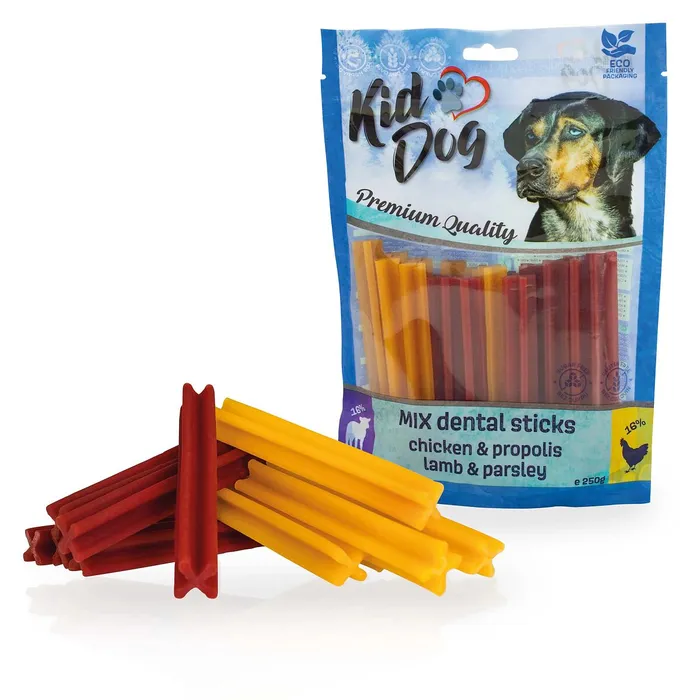 Główne zdjęcie produktu KIDDOG kuře+propolis / jehněčí+petržel MIX dentalní tyčinky 250 g