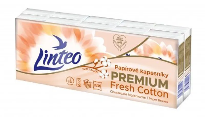 Główne zdjęcie produktu Linteo Premium hygienické kapesníky s vůní bavlny 4 vrstvé [10 x 10 = 100 ks]