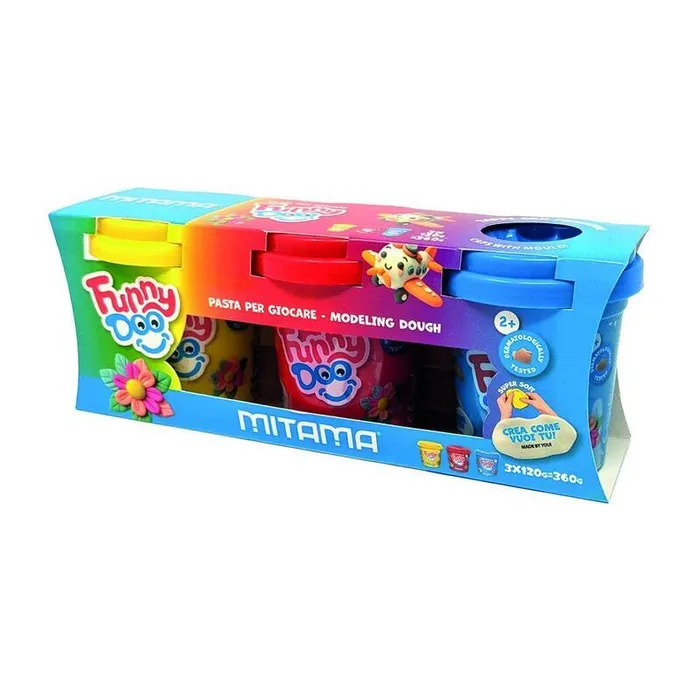 Główne zdjęcie produktu Modelína FUNNY DOO, sada 3 barvy, 3x120 g, červená, modrá, žlutá, MITAMA 63848