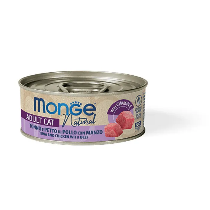 Główne zdjęcie produktu MONGE NATURAL tuňák s kuřecími prsy a hovězím pro kočky 80 g