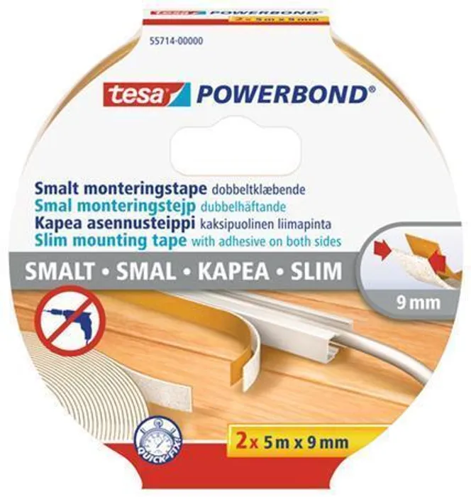 Główne zdjęcie produktu Montážní páska "Powerbond 55714", úzká, 2 x 9 mm x 5 m, TESA