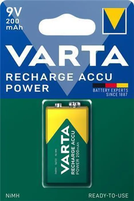 Główne zdjęcie produktu Nabíjecí baterie, 9V, 1x200 mAh, přednabité, VARTA "Power Accu"