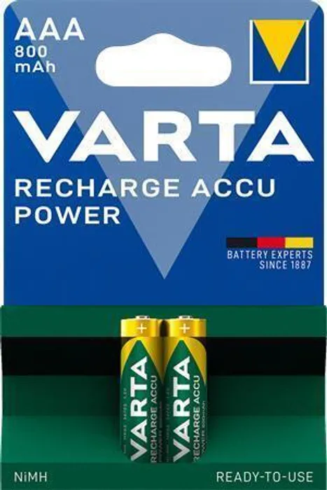 Główne zdjęcie produktu Nabíjecí baterie, AAA (mikrotužková), 2x800 mAh, přednabité, VARTA "Longlife Accu"