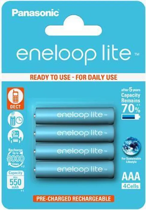 Główne zdjęcie produktu Nabíjecí baterie, AAA (mikrotužková), 4x550 mAh, PANASONIC "Eneloop Lite"